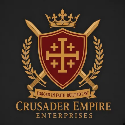 Crusader Empire crest: crowned shield with the Jerusalem cross, crossed swords and laurels